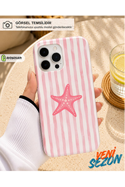 Q Aksesuar iPhone 15 Pro Max Uyumlu Pembe Deniz Yıldızı Desenli Çizgili Tasar...