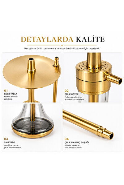 Han Tobacco Gold Full Çelik Nargile Takımı 45 cm | Füme Cam Vazo | Marpuç ve Çelik Marpuç Başlığı Hediyeli