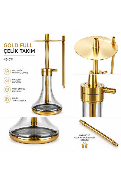 Han Tobacco Gold Full Çelik Nargile Takımı 45 cm | Füme Cam Vazo | Marpuç ve Çelik Marpuç Başlığı Hediyeli