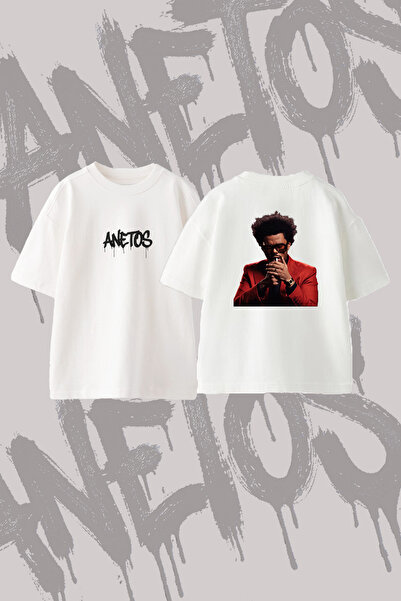 Anetos تي شيرت The Weeknd_5 ذو تصميم مطبوع من الخلف مصنوع من القطن باللون الأ...
