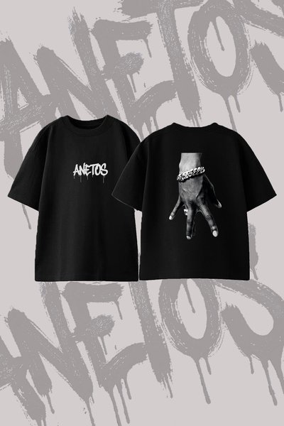 Anetos Chain Bracelet Design Back Printed Cotton Black Oversize T-Shirt