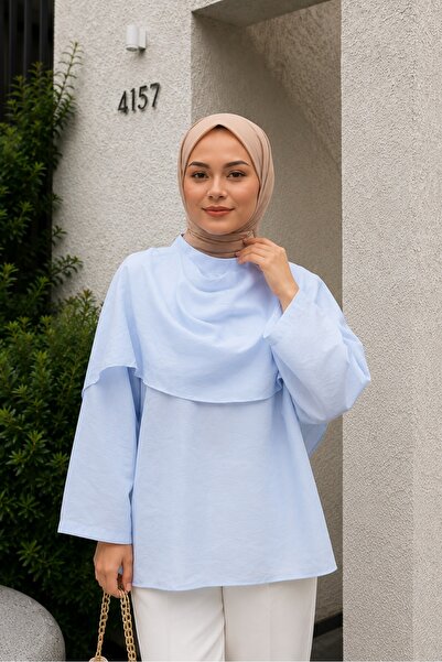 Lunfia Çıkarılabilir Pelerinli Oversize Modal Bluz - Bebe Mavi