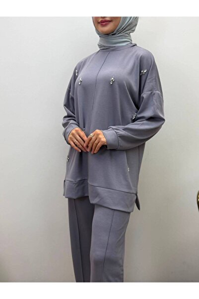 JOOQSTORE Stone-Embellished Two-Piece Modest Tunic and Pants Set