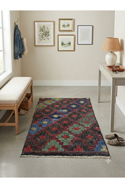 El Dokuma Yün Kilim - Geometrik Desenli Dekoratif Antika Görünümlü Halı 71x102 cm Z8U6