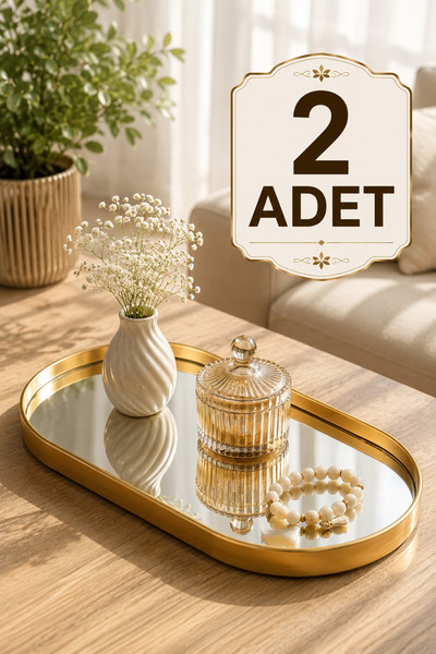 BERMİRA Home Collection 2'li Oval Aynalı Sunumluk Altın 12x30 İkramlık Kahve ...