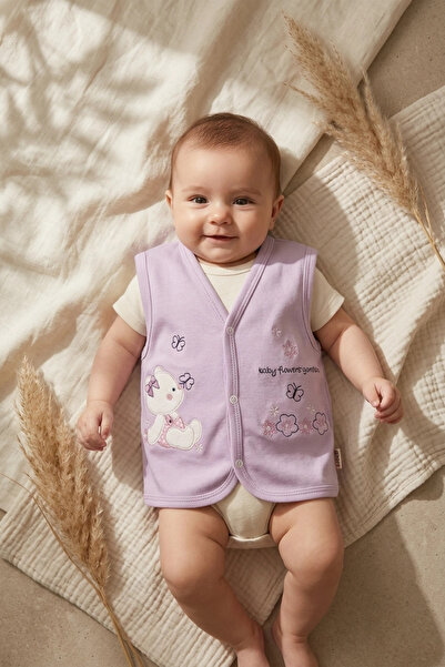 DYZSTAR Cotton Embroidered Baby Vest - Lilac Teddy Bear and Flower Garden The...