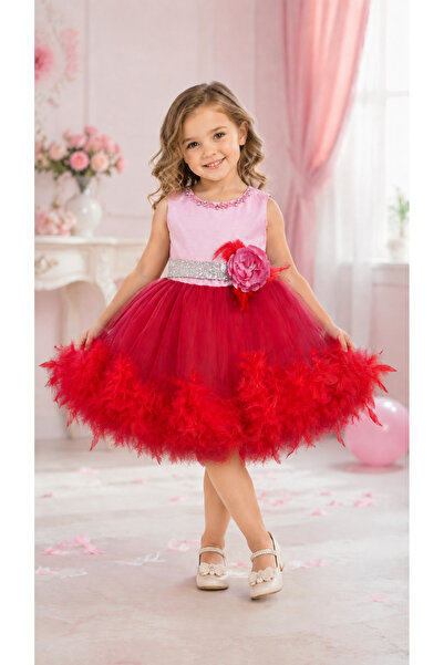 Lindissima Luxury Heart Detailed Feathered Girl's Dress