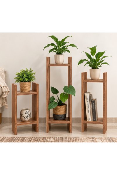 ibrahim suleiman al saqami Modern 3-Piece Plywood Plant Stand Set | Brown Flower Pot Display Shelf | Indoor Plant Organizer | Multi-Level Book & Decorative Storage Rack for Living Room, Balcony & Home Décor