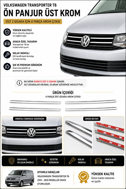 Genel Markalar Volkswagen Transporter T6 Ön Panjur Üst Krom Çıtası 4 Parça Ar...