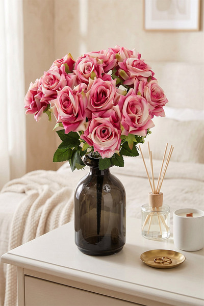 Yapay Çiçek Deposu Artificial Flower 12-Piece Rose Bunch with Chips 36 cm Fuc...