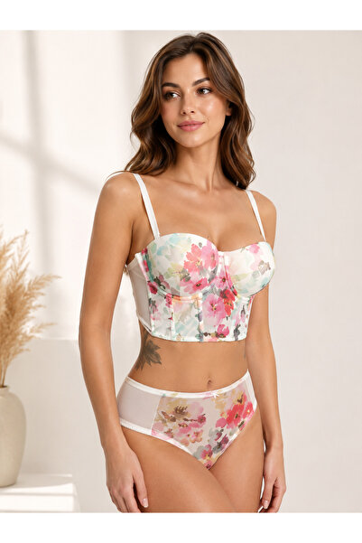 Pijamask Women's Floral Patterned Bustier Bra and Panty Set Floral Lingerie S...