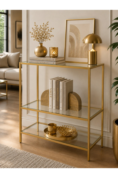 Trendmiz güneş 3 Raflı Gold Metal Cam Dresuar / Dekoratif Konsol – 85x70x33 cm