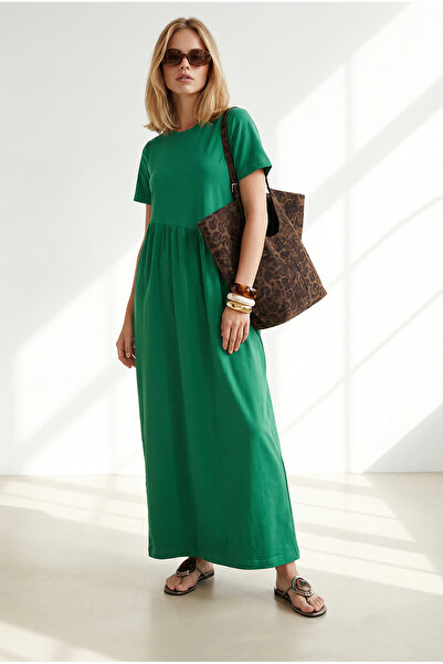 Olalook Women's Grass Green Asymmetrical Front Stitching Long Bell Cotton Dre...