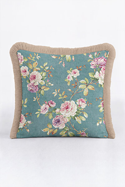 Evimde Bambaşka Vintage Floral Rose Fringed Pillowcase - Romantic Turquoise P...