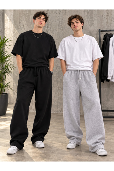 CAONNES 2-Pack Men's Sweatpants (Black-Grey) Oversize Baggy Loose Legs