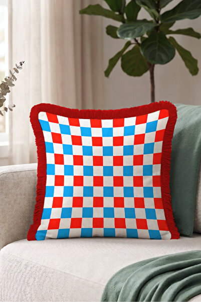 Evimde Bambaşka Retro Plaid Geometric Square Pattern Fringed Pillowcase - Mos...