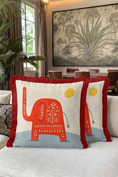 Evimde Bambaşka Ethnic Fringed Pillowcase with Elephant Motif - Exotic Figure...
