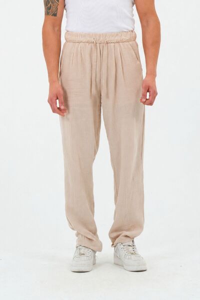 RELAXL Plus Size 100% Cotton Muslin Summer Wide Leg Beige Trousers