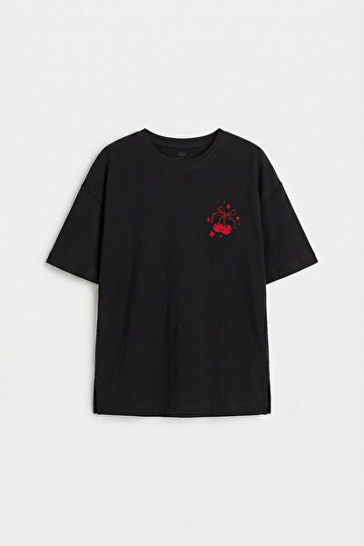 TOMMY LIFE Black Oversize Short Sleeve Printed Girls' T-Shirt - 75176
