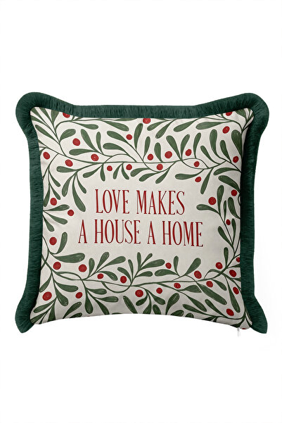 Evimde Bambaşka Botanical Christmas Floral Twig Motif Fringed Pillowcase - El...