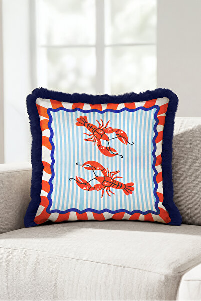 Evimde Bambaşka Sea Lobster Marine Fringed Pillowcase - Coastal Blue Orange N...