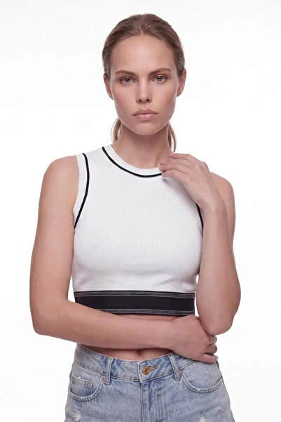 cemo Women's Logo Printed Crew Neck Ribbed Crop Tank Top