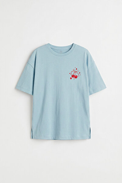 TOMMY LIFE Light Blue Oversize Short Sleeve Printed Girls' T-Shirt - 75176