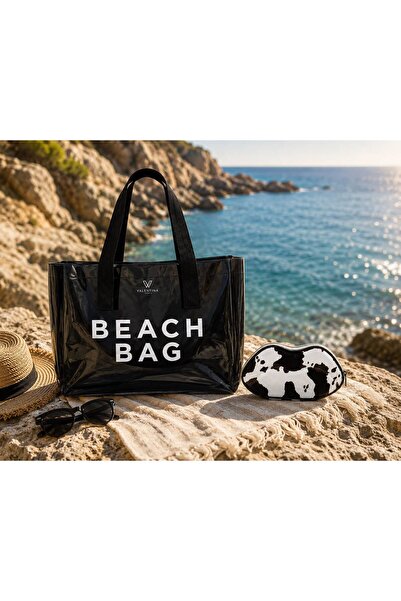ValeriaBag Summer Time A Kalite Şeffaf Plaj Çantası + Değerli Eşya Çantası Siyah