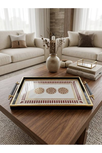 Leila Model Gold-Black Framed Luxury Presentation Tray 46X28 cm Real Glass