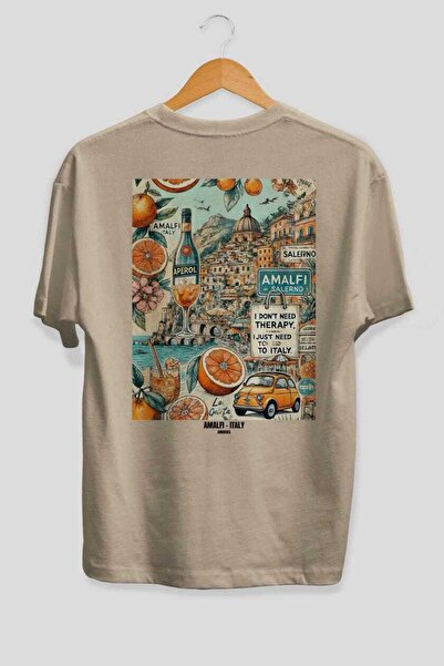 Ankhises Αμάλφι Ιταλία 3 Μπεζ Oversize Country City Back Printed Unisex T-Shi...