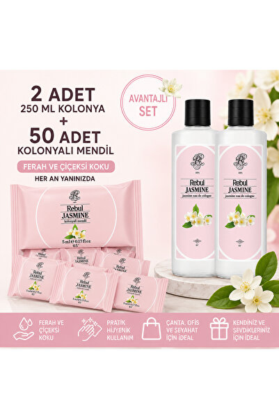 Rebul Jasmine 2x250 ml Cam Şişeli Kolonya + 50 Adet Jasmine Kolonyalı Mendil ...