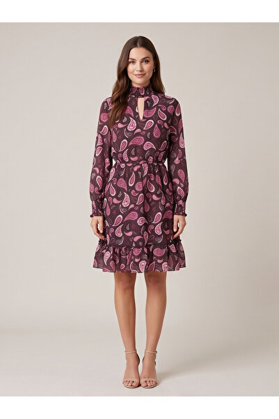 gökçesu Women's Shawl Patterned Chiffon Dress - High Neckline Lined Mini Dress