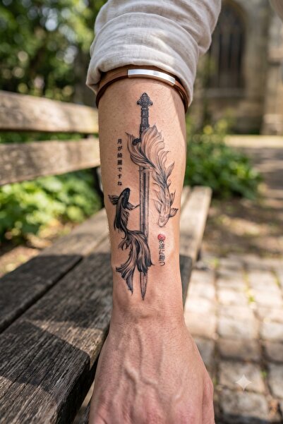 BP Tattoo Kılıç ve Koi Balığı Temalı Japon Yazılı Orta Boy Geçici Dövme