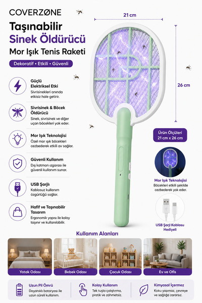 Coverzone Taşınabilir Sinek Öldürücü Mor Işık Tenis Raketi 21cm x 26cm Şarjlı...
