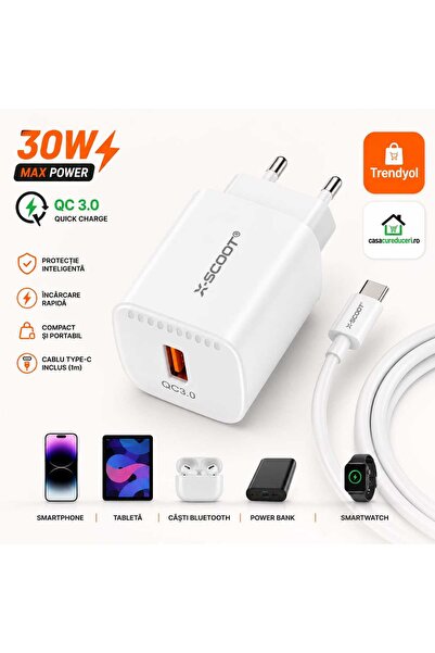 X-SCOOT Încărcător Rapid CH-260 30W QC 3.0, Cablu USB Type-C 1m Inclus, Încăr...