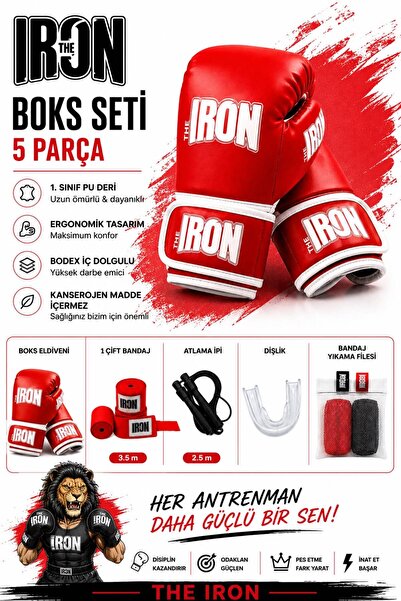 THE IRON 5 Piece Boxing Set - Boxing Gloves + 3.5m Bandage + Jump Rope + Mout...