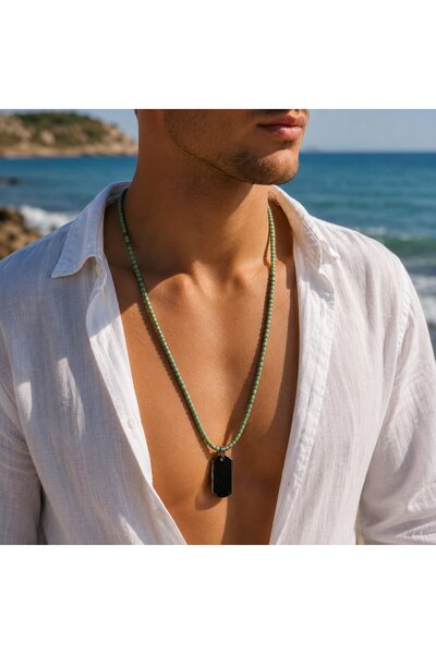 Sinem Şanlı Atelier Atlas Indian Glass Bead Steel Tag Men's Necklace 60 cm Boxed