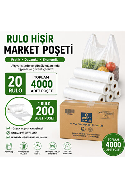 meretopack 20 Adet Rulo Hışır Poşet Manav Market Poşeti Orta Boy Toplam 4000 ...