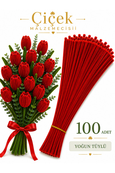 KLC Çiçek Malzemecisii Kırmızı Yoğun Tüylü Şönil Tel | 30 CM | 100 Adet | Çiç...