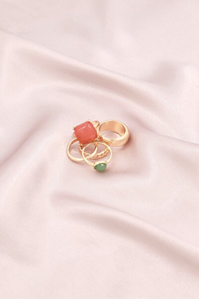 Bizou Women 5 Packs MTL With Red And Green Stone Rings, Gold