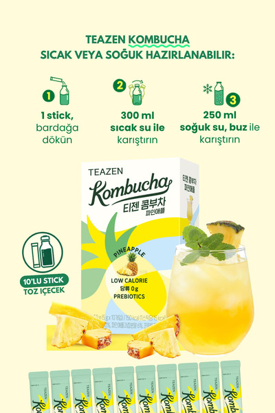 TEAZEN Probiyotik Ve Lif İçeren Bağırsak Sağlığı Destekli Şekersiz İçecek Kombucha Pineapple