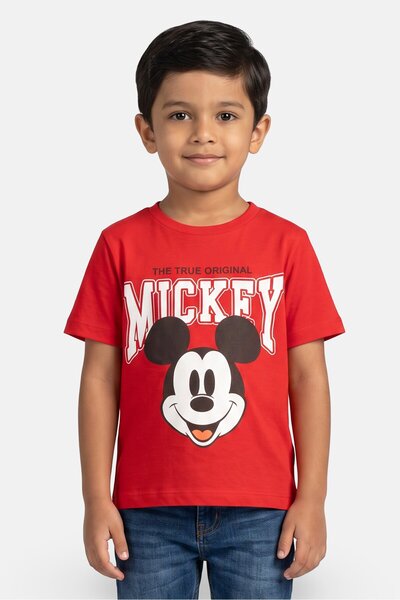 Disney Kids Boy Crew Neck Short Sleeve Mickey Mouse Print T-Shirt, Red