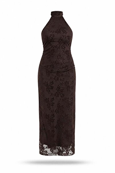 5in1Canpolat Rochie maro cu imprimeu și decolteu halter 00904