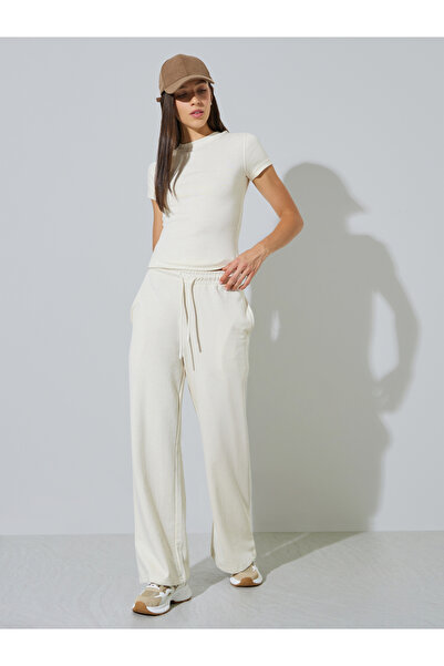 Styli Cream Cotton Blend Wide Leg Joggers