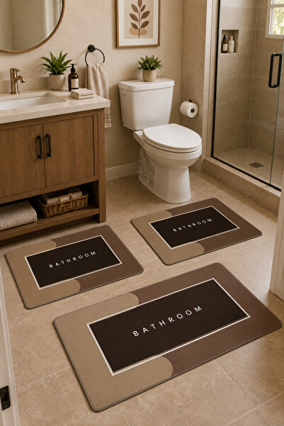 DECOVİST HOME Kaymaz Tabanlı Yıkanabilir 3’lü Düz Kahverengi Banyo Paspası ve...