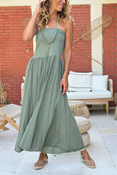 Güneşkızı Khaki Lined Pleated Cotton Strapless Woven Dress Skirt 100 40