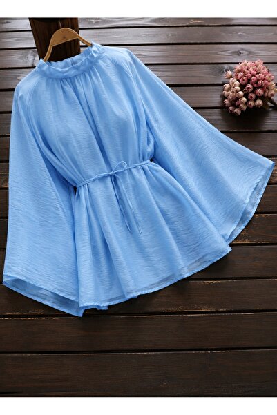 Lunfia Hakim Yaka Kemerli İspanyol Kol Oversize Liyosel Bluz - Bebe Mavi
