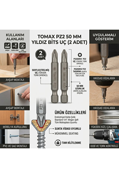 EMİRHANNALBUR Tomax Yıldız Bits Uç PZ2 50 mm Şarjlı Matkap Vidalama Ucu ( Siv...