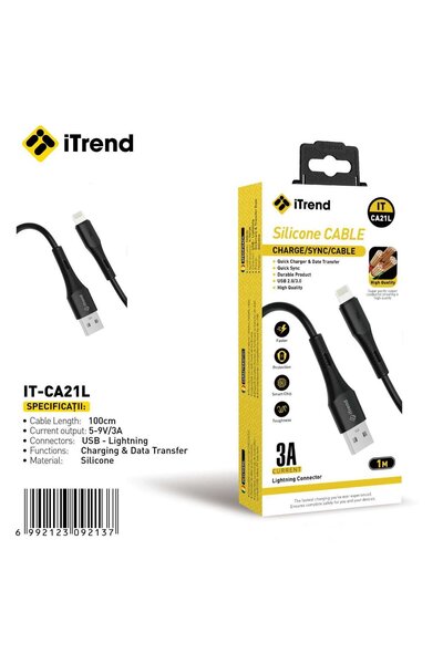 itrend Cablu USB-A la Lightning iTrend, 1 m, Încărcare Rapidă 3A, Silicon, Negru