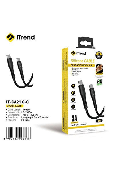 itrend Cablu USB-C la USB-C iTrend, 1 m, Încărcare Rapidă PD 60W, Silicon, Negru